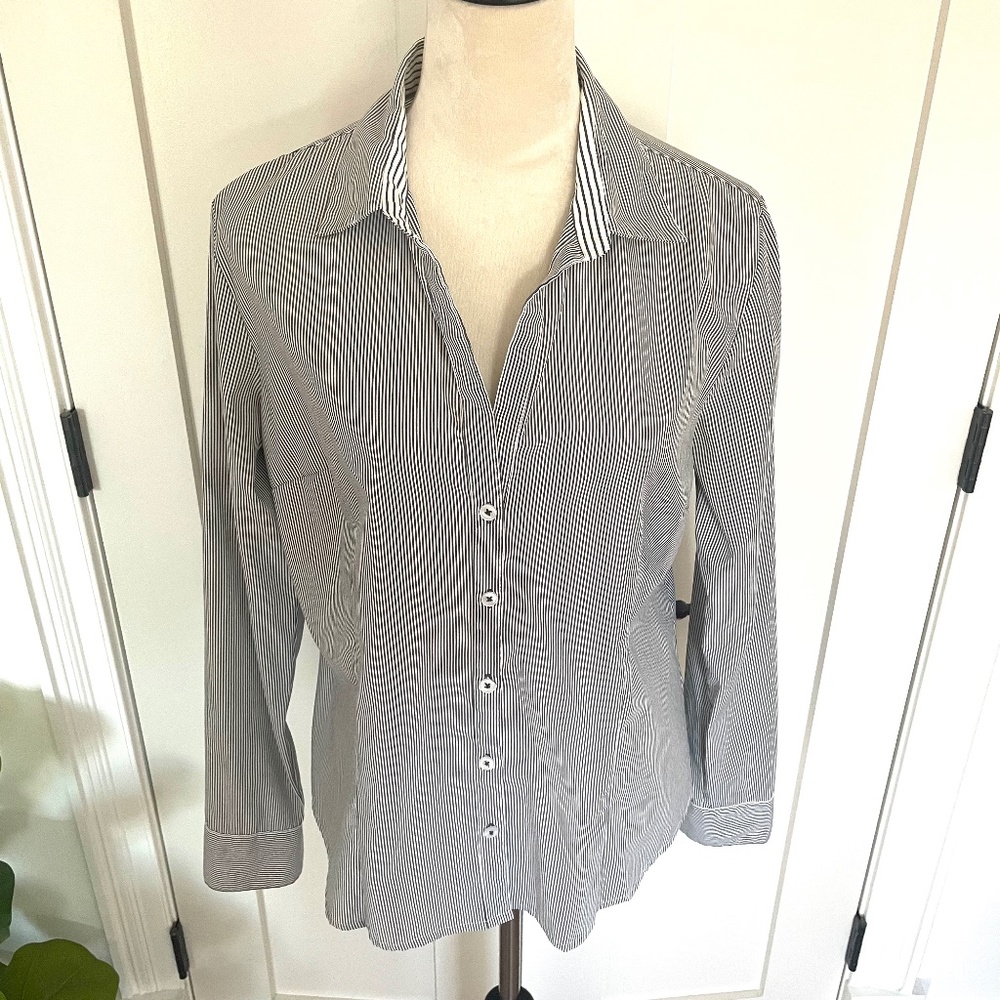 H&M- Grey & White Striped Button Up Blouse- Women’s US 12